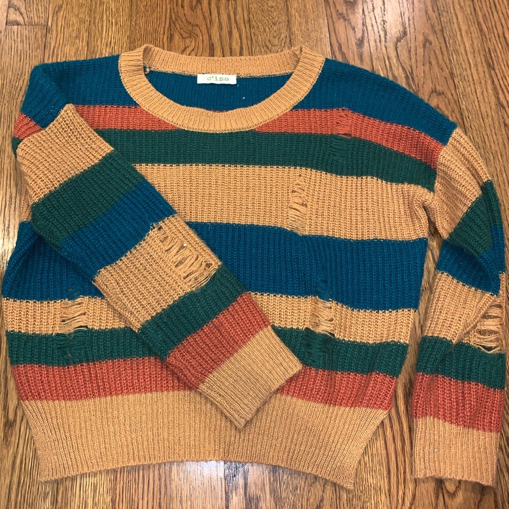 Tan and blue striped crop sweater
